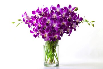 Purple dendrobium orchids in a clear vase on a white background