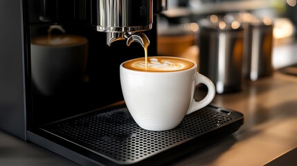 Modern Black Coffee Machine in a Stylish Kitchen with Cup - Sleek Home Appliance Closeup