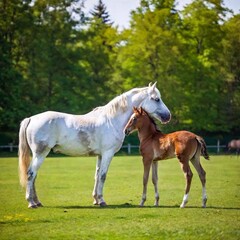 Obraz premium beautiful horse with a foal on the green meadow