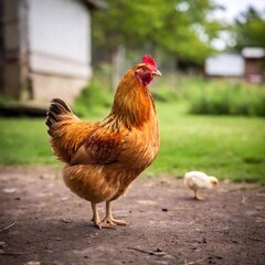 a closeup shot of a beautiful rooster on a farm in the countryside