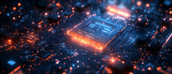 Closeup of a Circuit Board with Glowing Lights and Integrated Circuit, Closeup of a Circuit Board with Glowing Lights and Integrated Ci