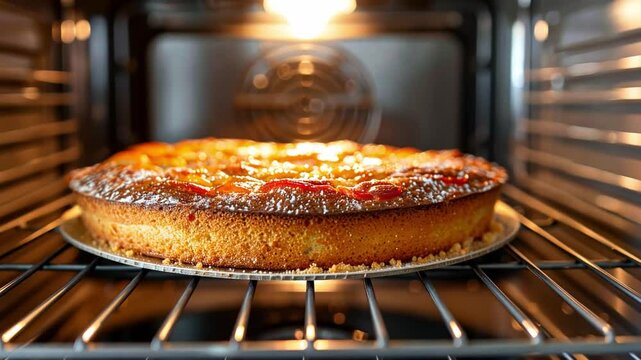 This cake is baking in the oven, showcasing a golden crust with caramelized fruit on top.