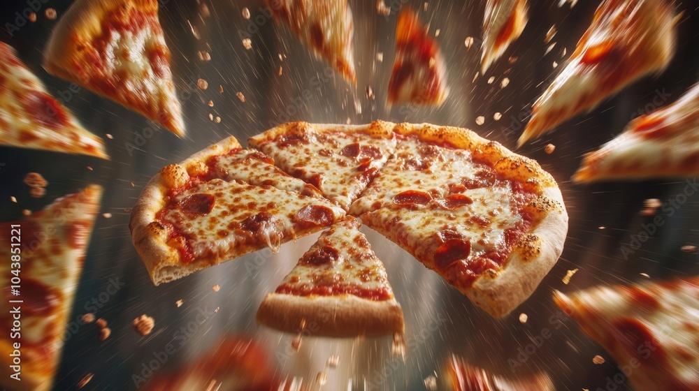 Poster Pepperoni pizza slices soar diagonally in a dynamic motion, adding excitement to the scene and inviting viewers to enjoy pizza. Generative AI