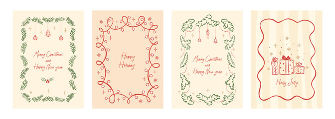 Hand drawn Merry Christmas vintage card set. Xmas frames with christmas tree, gift, toys, christmas lights garland. Minimalist prints in cute line doodle style. Vector illustration for cover, poster.