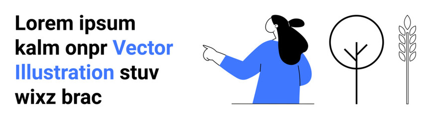 Woman with dark hair pointing towards two minimalistic black and white trees. Ideal for nature themes, education, ecological awareness, presentations, and design templates. Banner for landing page