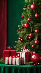 A bright green backdrop with a podium, sparkling red decorations and gifts create a cheerful festive atmosphere.
