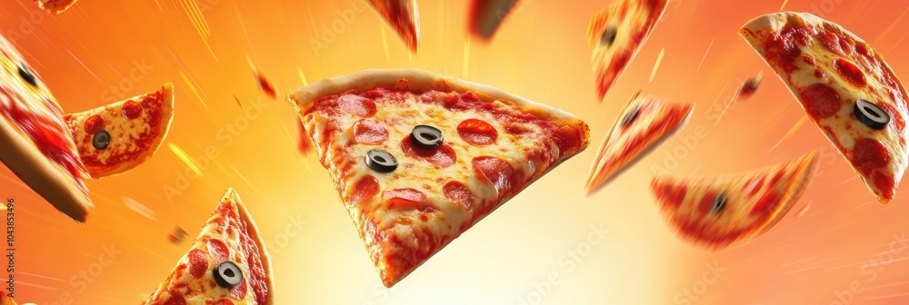 Poster Colorful slices of pizza soar diagonally across a bright background, adding a lively touch and inviting creativity for any text placement. Generative AI