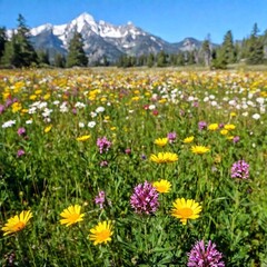 Fototapeta premium A hip-level, full shot of a wide-open meadow blanketed with colorful wildflowers, stretching toward a distant mountain range. The shot captures the flowers up close, with the mountains providing a