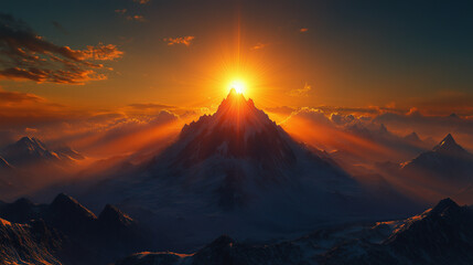 Golden sunlight casts a warm glow over towering mountains, creating a breathtaking view at dawn, with brilliant colors lighting up the horizon.
