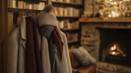 Fototapeta premium Beautifully arranged wooden coat rack showcasing warm winter clothing: a long beige wool coat, thick red and gray scarves, fur-lined gloves, and a cozy knit hat with a fur pom-pom.
