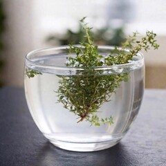 a studio shot of a glass bowl filled with water and green plants arranged inside. Capture the interplay between the water, the plants, and the glass bowl. Use a clean background to keep the focus on