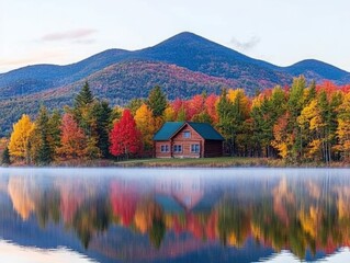 Fototapeta premium Serene Rustic Cabin by Autumn Trees Reflecting in Water