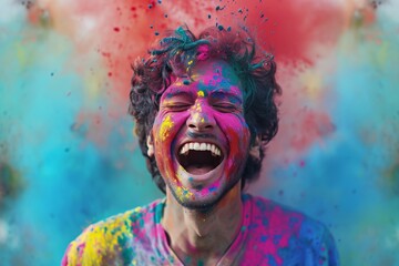 Joyful celebration of Holi festival with colorful powder in vibrant display of happiness