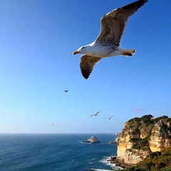Birds gliding through the sky above a coastal landscape