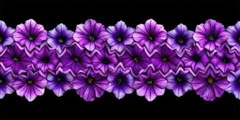 Purple petunia flowers in zigzag arrangement on black background