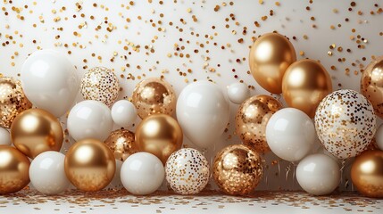 gold confetti and shiny balloons scattered on a white background leaving ample space in the center for personalized messages evoking a festive and celebratory ambiance