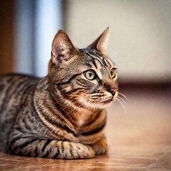 Obraz premium A close-up portrait of a cat face, the detailed focus on its pointed ears and sharp eyes while the fur around its neck and the room behind gently blur out of focus