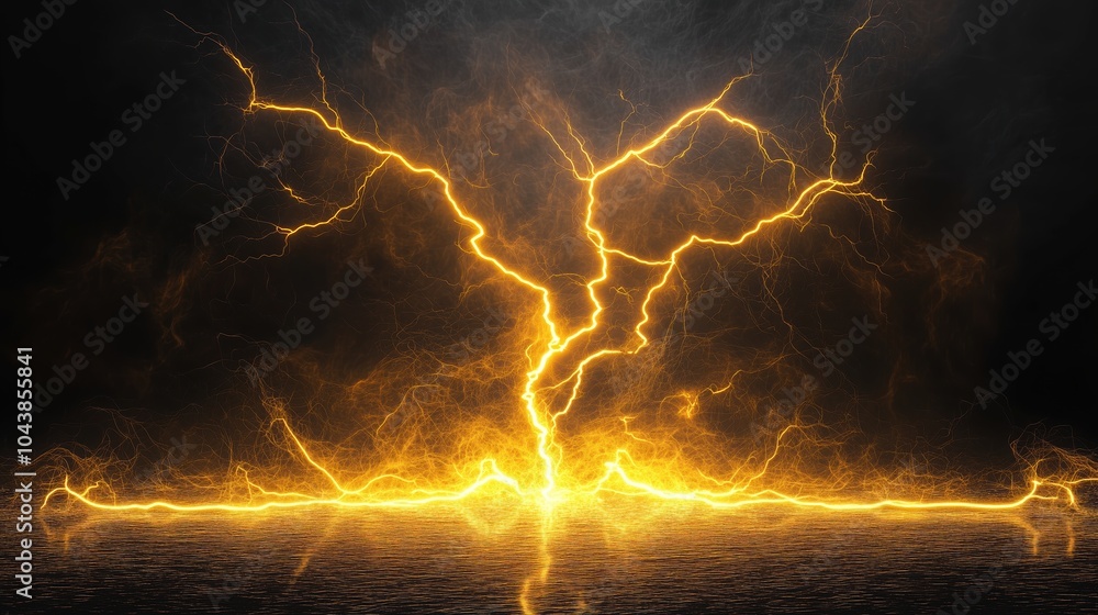 Poster a 3d render of a glowing yellow lightning ring on a black background, representing an energy light e