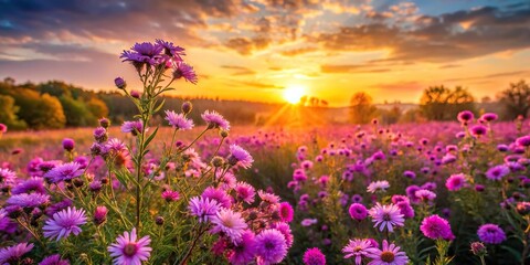 Obraz premium Purple pink flowers on sunset autumn meadow background