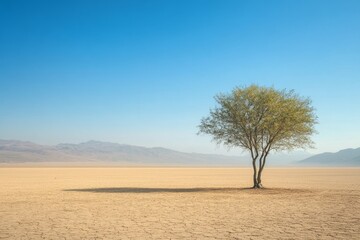 Fototapeta premium Solitary tree in vast desert landscape under clear blue sky