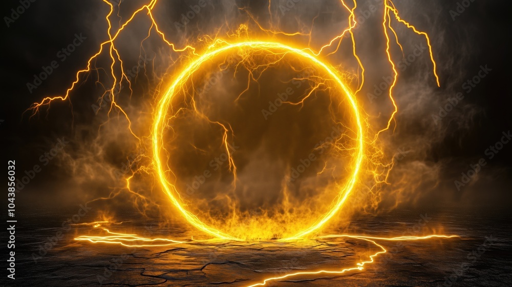 Poster a 3d render of a glowing yellow lightning ring on a black background, representing an energy light e