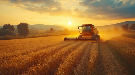 golden combine harvester moving through vast fields of ripe golden wheat surrounded by a picturesque rural landscape with a sunlit sky creating a sense of abundance and hard work
