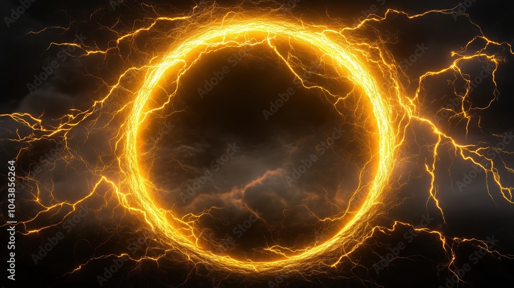 Poster a 3d render of a glowing yellow lightning ring on a black background, representing an energy light e