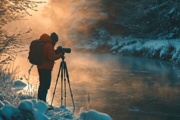 Fototapeta premium Winter adventure photography: capturing sunrise by a misty frozen river
