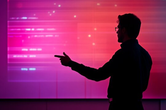 Silhouette of man gesturing in front of futuristic digital display