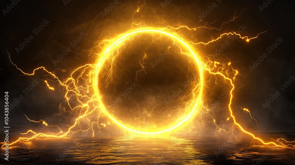 Poster a 3d render of a glowing yellow lightning ring on a black background, representing an energy light e