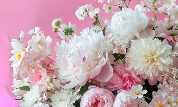 Beautiful pink and white peonies with other flowers arranged for a spring celebration