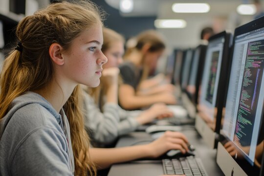 Focused students learning computer programming in a classroom setting