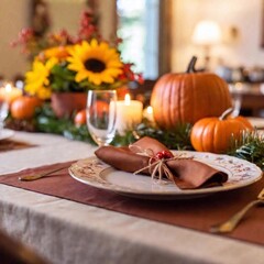 A low-angle shot of a Thanksgiving dinner table setup, captured in a medium close-up with a rack focus. The photo highlights the elegance and detail of the table, from the ornate plates to the