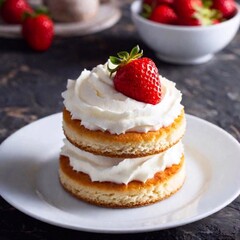 A close-up from above of a layered strawberry shortcake with fresh berries and whipped cream, with the cake in sharp focus and the background softly blurred, highlighting the dessert's freshness and