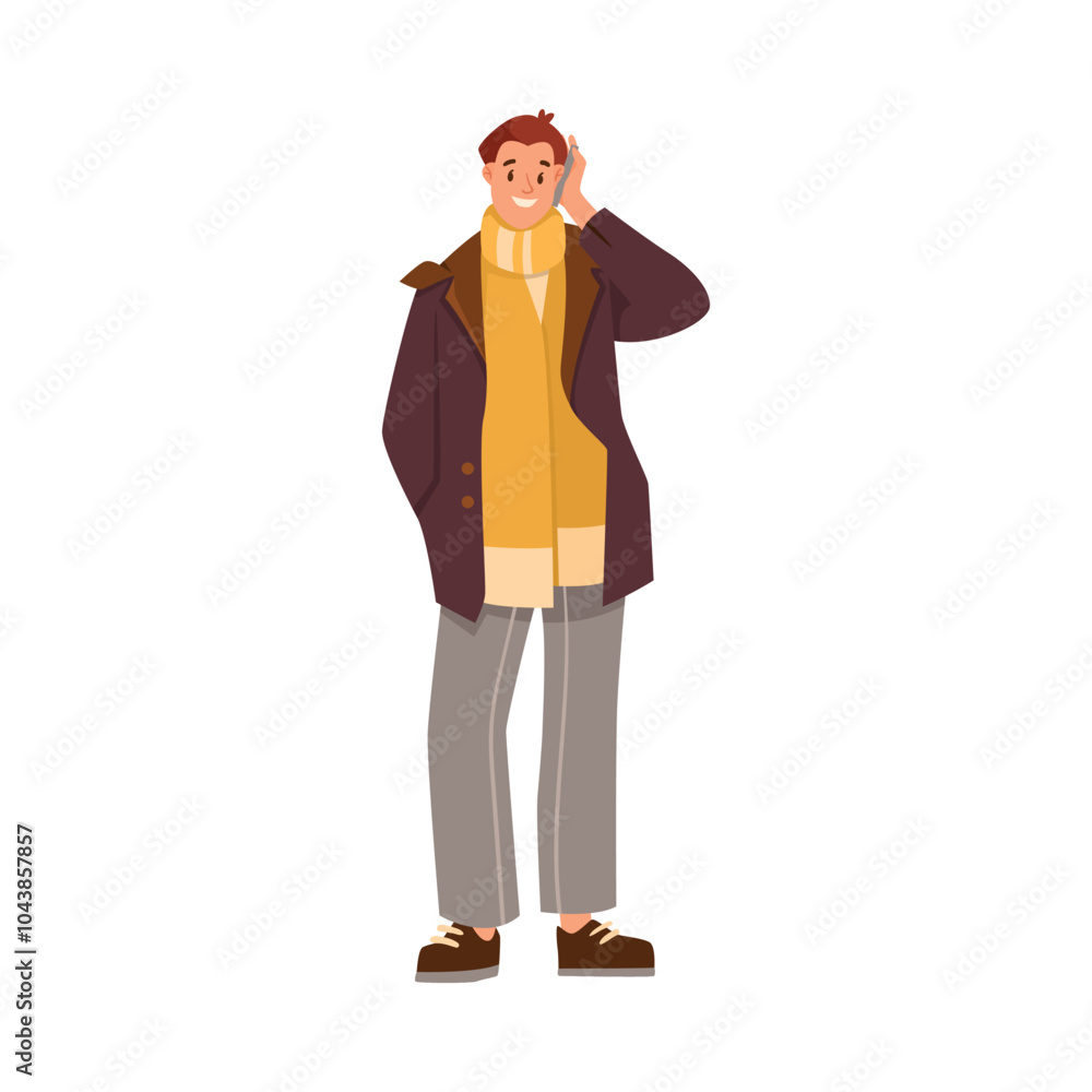 Poster man character talking phone speaking with someone with mobile device vector illustration