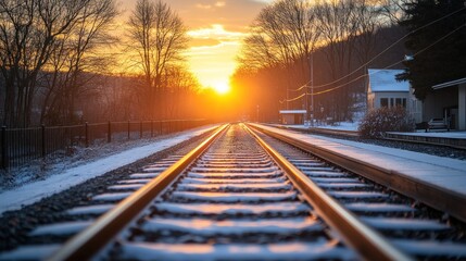 Obraz premium Sunset over railway tracks with snow.