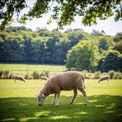 Fototapeta premium A full shot of a sheep grazing peacefully under a tree, with soft focus giving a tranquil, slightly blurred view of the sheep and the surrounding meadow
