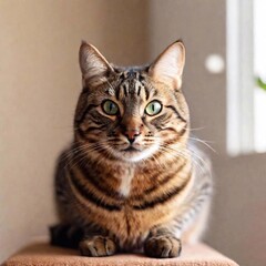 detailed close-up of a cat fluffy tail, sharp focus on the texture of the fur while the rest of its body and the sunlit window behind fade into a soft, blurred background