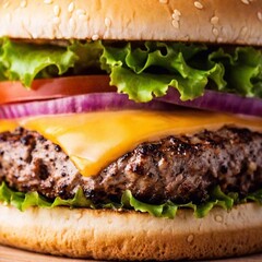 an extreme macro shot of a layered burger, focusing on a cross-section of the burger. Highlight the details of the meat patty, cheese, lettuce, and condiments with a close-up view of each layer's