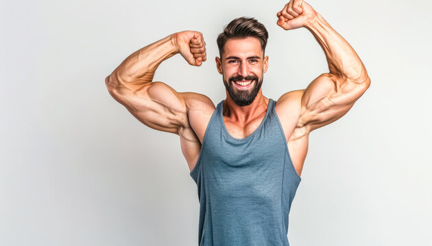 Man with a big smile on his face is flexing his muscles. He is wearing a blue tank top and he is proud of his physique
