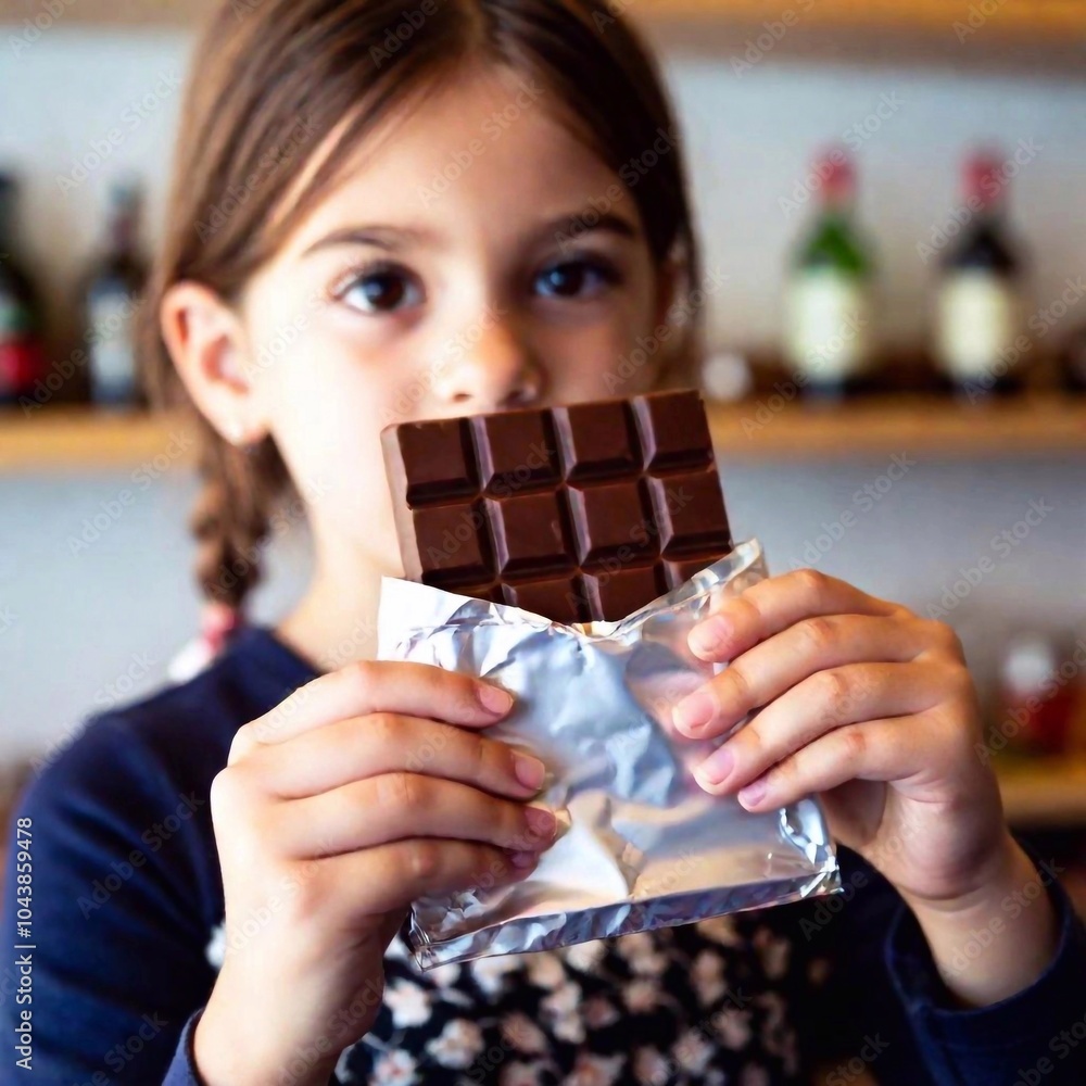 Wall mural bar of chocolate in kid hands, blurred background