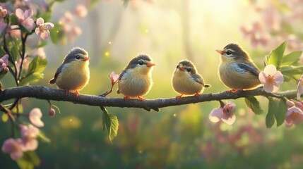 funny little birds sit on a branch in a spring Sunny Park and chirp