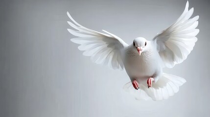 Fototapeta premium A stunning white dove with outstretched wings soars through a neutral, gray sky, symbolizing peace, freedom, and purity in a minimalist, artistic style.