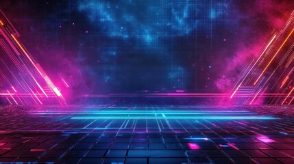 Futuristic retro background of the 80`s retro style. Digital or Cyber Surface. neon lights and geometric pattern.