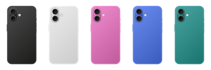 Mockup of a phone back side. Smartphone case. 3D mobile phone. Cell phone. Black, white, pink, green and blue phones