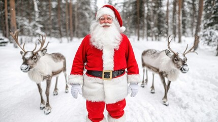Santa Claus with Reindeer in Winter Wonderland