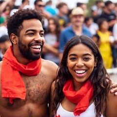 Fototapeta premium Long Shot (LS), Shallow Focus, Low Angle Shot: A young multiracial couple, covered in tomato splashes, enjoying the chaos of La Tomatina, with their joyful expressions in focus and the crowded
