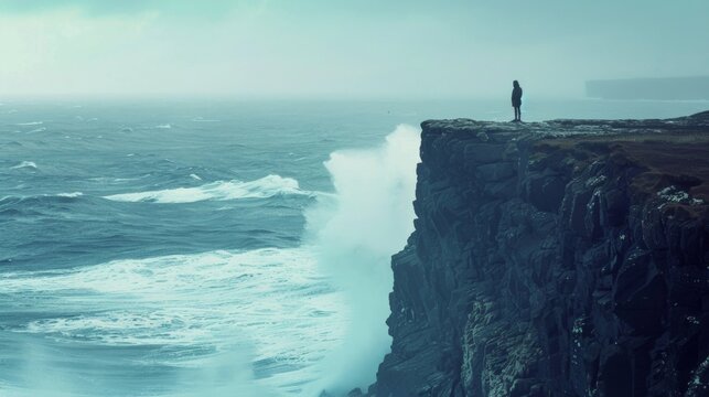 A lone figure stands at the edge of a cliff back facing the vast expanse of the ocean below. The crashing waves and distant . .