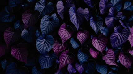 Fototapeta premium Moody Elegance A Vibrant Artistic Photograph of Overlapping Deep Purple and Dark Blue Leaves Against a Black Background, Highlighting Rich Textures and Intricate Details