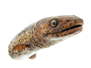Close-up of a speckled eel with vibrant patterns and vivid eyes underwater.